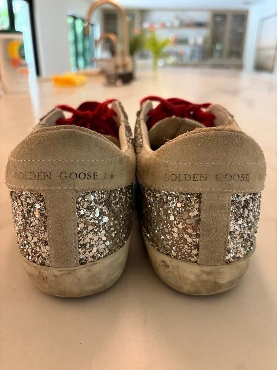 Golden Goose Super-Star Glitter Sneakers Red Laces Size 38 Distressed Star - Picture 4 of 6